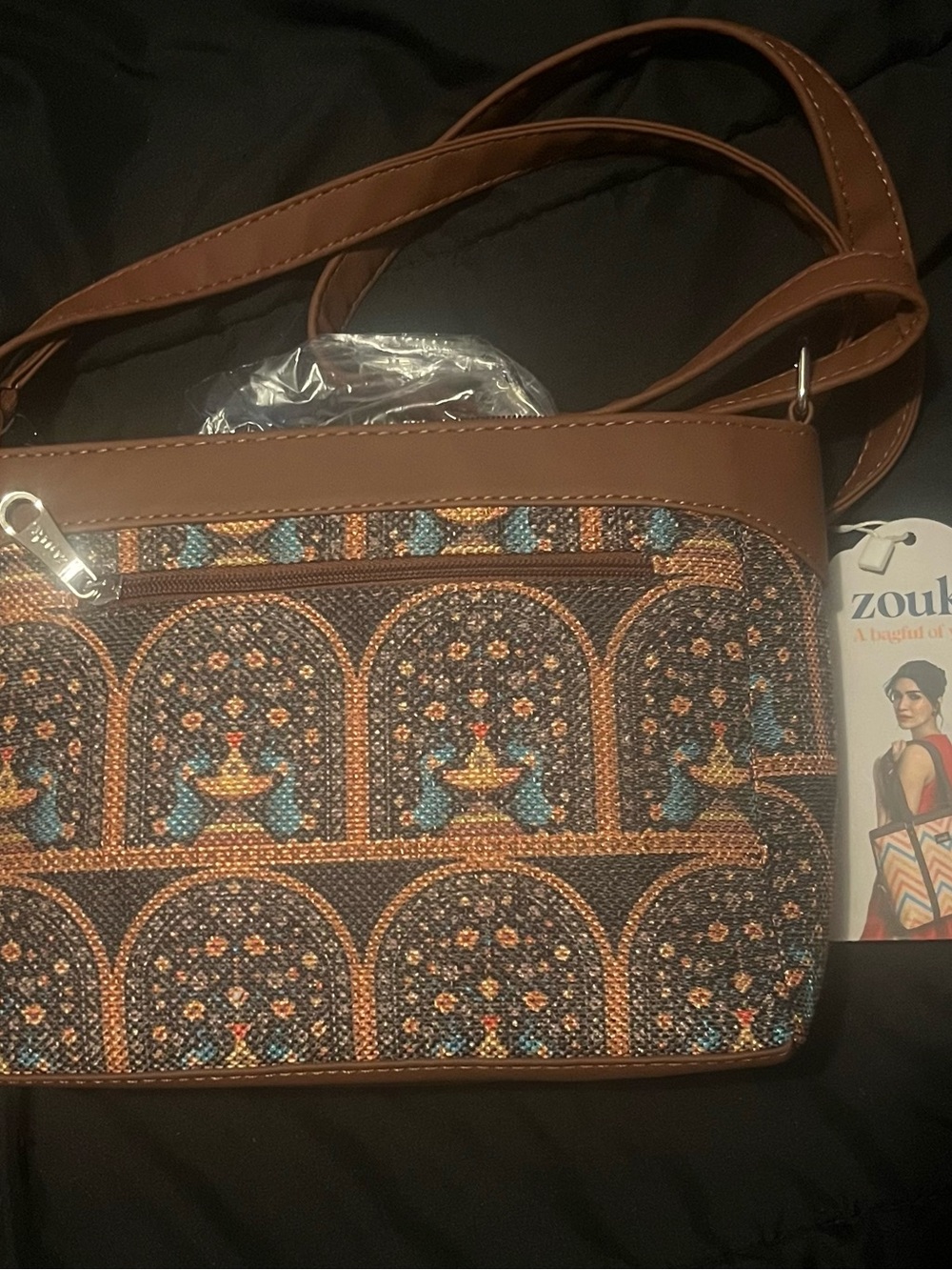 Zouk Brown Patterned Crossbody Bag with Blue Accent